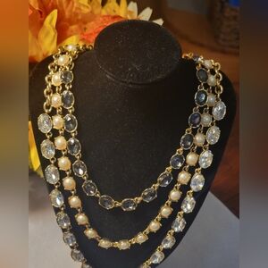 Ann Taylor Triple Strand Blue, White And Crystal Stone Gold Tone Necklace